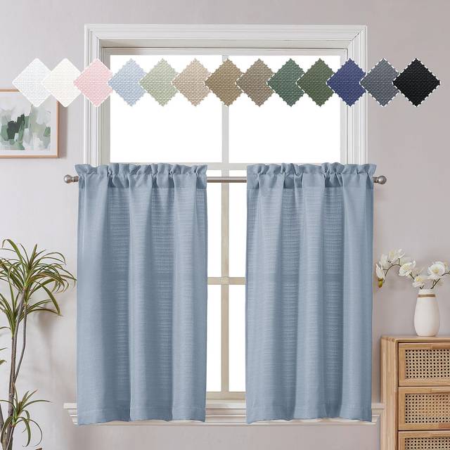Chyhomenyc Bennet 2 Panels Aqua Blue Kitchen Curtains 24 Inch Length Tier Curtains  Faux Linen Textured Small Cafe Curtains  Light Filtering Short Win