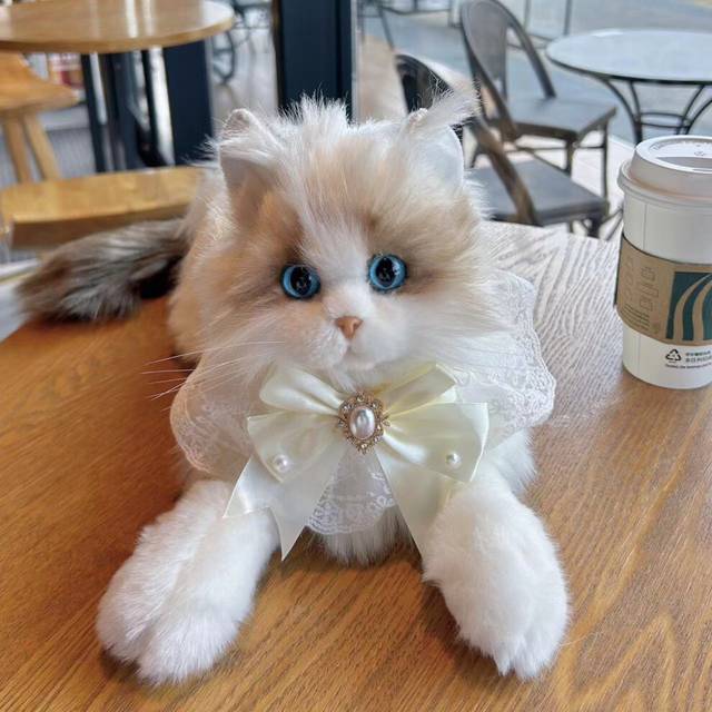 (Pearl Collar) Beautifully Crafted Plush Cat Doll Soft Long Fur Kitty Toy For Kids And Collectors