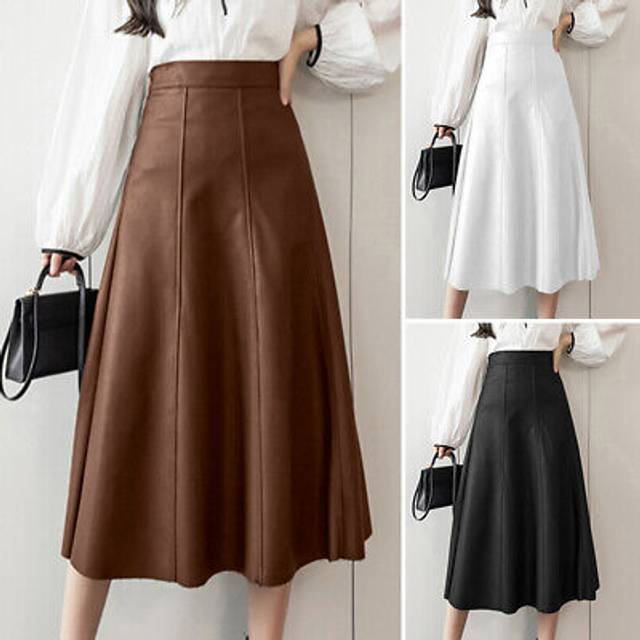 Winter womens high waist fuax pu leather long skirt ladies zipper open skirts