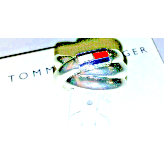Tommy hilfiger designer silver ring swirl sz 7 logo red white blue carded