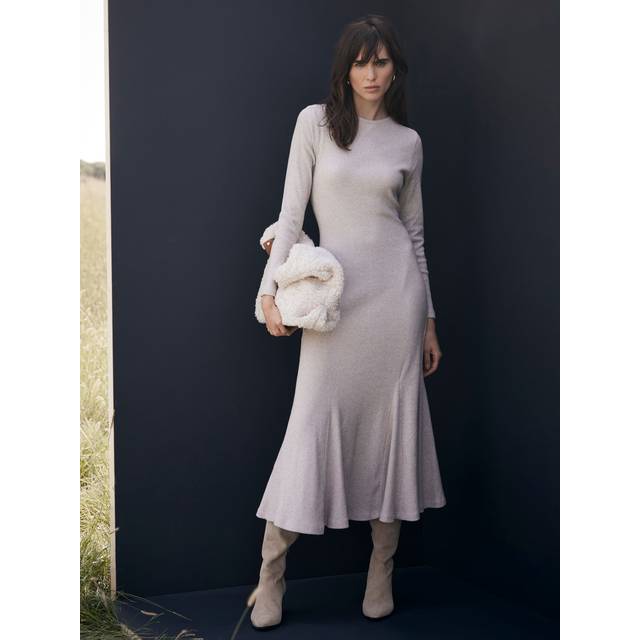 Mint Velvet Neutral Cosy Ribbed Jersey Midi Dress - L, NEUTRAL