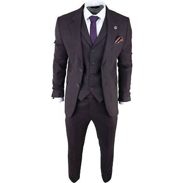 AK Collection Herringbone Tweed 3 Piece Suit - Purple - 38R