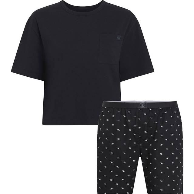 Calvin Klein kvinnor S/S kort set 000QS7406E set, svart (svart topp/diamant logo kort), XS, Svart (svart topp/diamant logotyp kort), XS