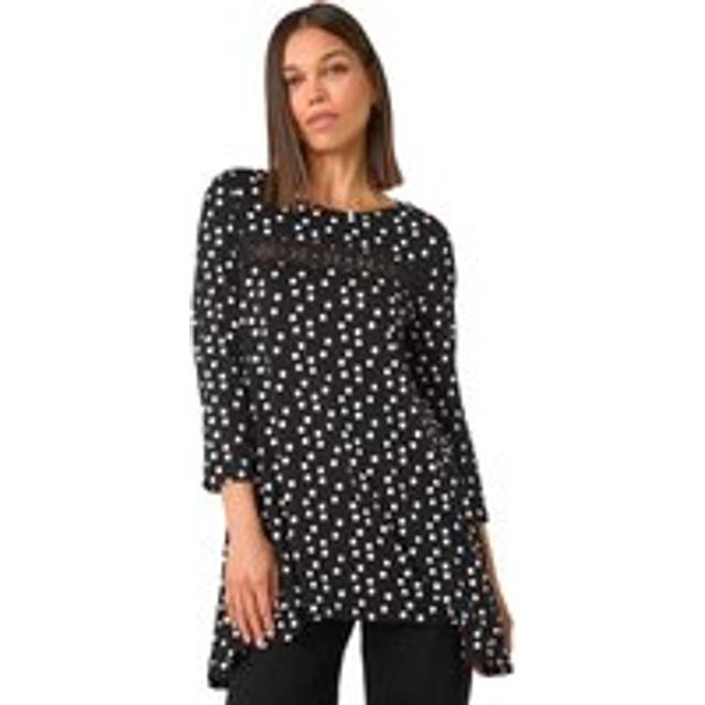 Spot Print Lace Trim Stretch Top - Black - Size 10 - Roman