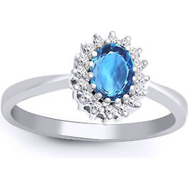 (J) Jewelco London 9ct White Gold Cluster Set H I2 0.12ct Diamond and Oval Blue 0.57ct Topaz Classic Royal Cluster Ring 9mm - Silver