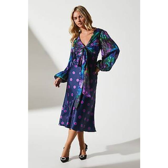 Petite Printed Long Sleeve Midi Wedding Guest Dress - Navy - 8