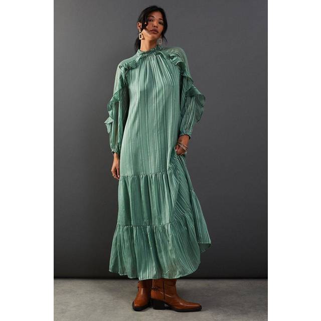 Warehouse Shadow Stripe Tie Back Neck Ruffle Tier Midi Dress In Olive - olive - 10