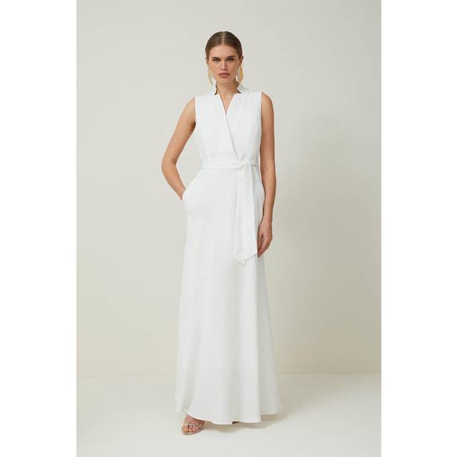 Premium Tailored Linen Notch Neck Belted Midaxi Dress - Ivory