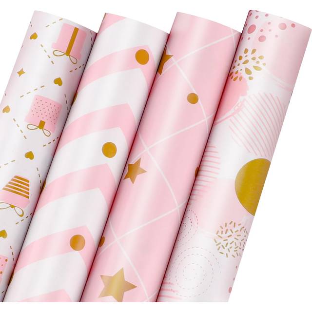 FUHITIM Pink Wrapping Paper Roll  Birthday Wrapping Paper -Mini Roll - 4 Rolls (56 sq.ft) Pink Gift Wrapping Paper  Perfect for Birthday  Baby Shower