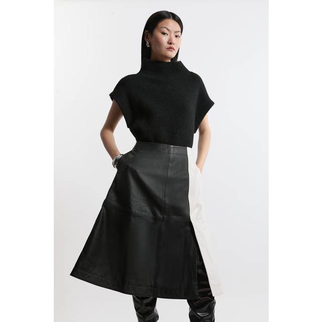 Leather Colourblock Midi A-Line Skirt - Mono
