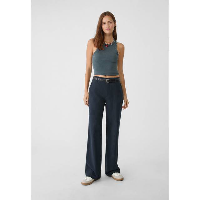 Stradivarius Flowing straight-leg smart trousers with belt Navy blue 16