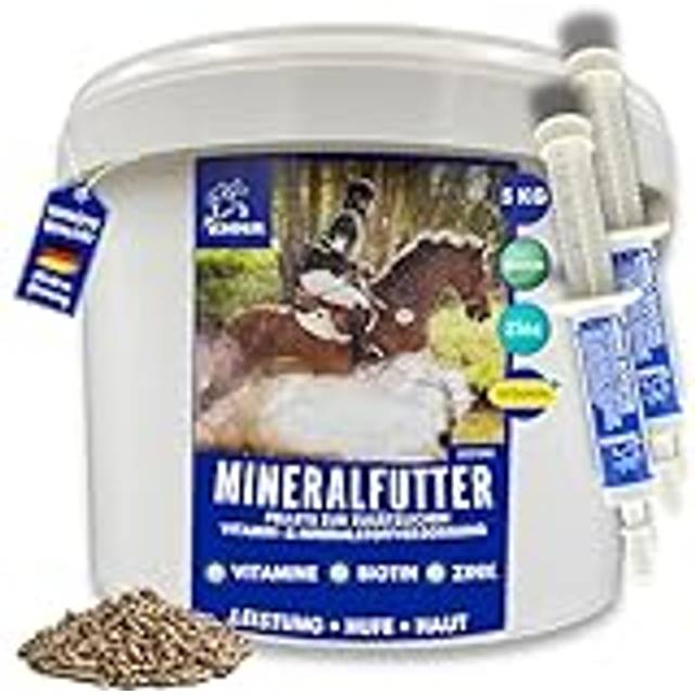EMMA Mineralfoder häst aminopasta I biotin och zink pellets I biotin zink selen vitamin B12 D A C K mineraler häst I hov päls hud I mineral komplex ytterligare foder hästar hög dosering 5 kg 2 x 30 ml
