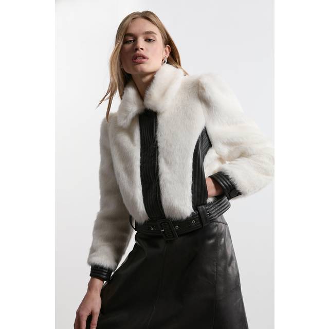 Petite Faux Fur Pu Panelled Belted Cropped Jacket - Ivory