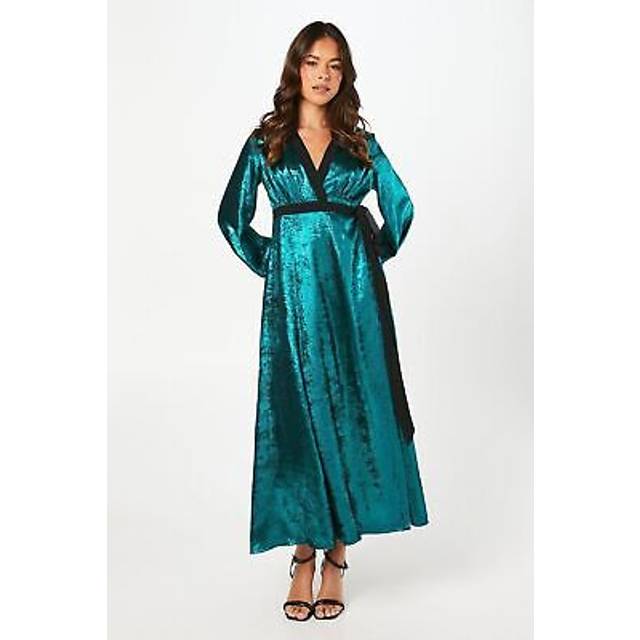 Petite Party Metallic Long Sleeve Wrap Midi Dress - Blue - 10