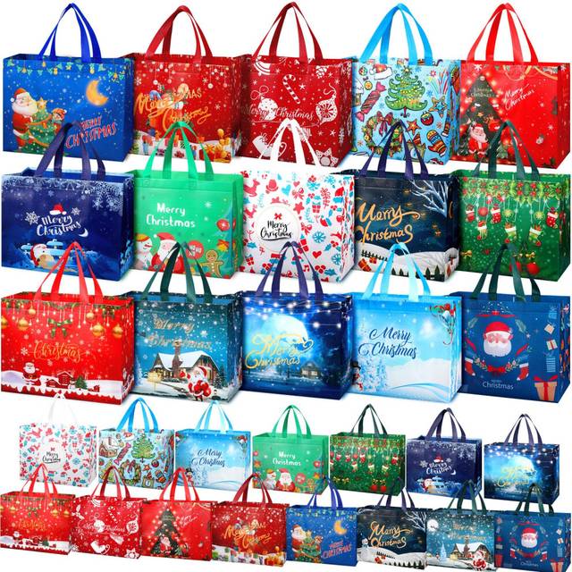 30 Pcs Christmas Gift Bags Bulk Non Woven Xmas Tote Bags with Handles Large Merry Christmas Treat Bags Reusable Holiday Goodie Bags for Party Favors