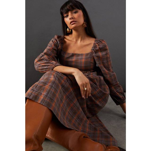 Warehouse Womens Square Neck Volume Sleeve Check Midi Dress - Rust Cotton - Size 8 UK