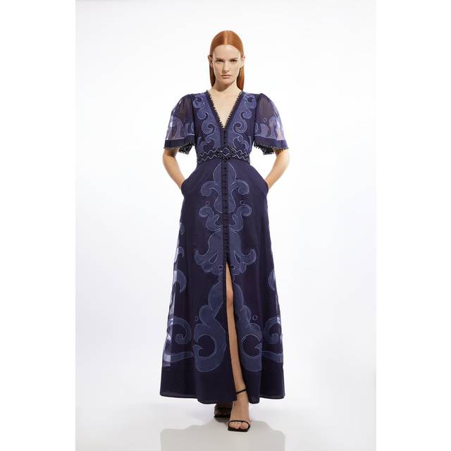 Baroque Applique Organdie Woven Maxi Dress - Navy
