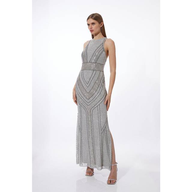 Premium Beading And Embellished Woven Halterneck Maxi Dress - Silver