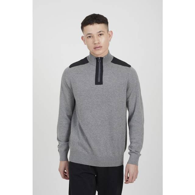 Brave Soul Mens Grey Cotton Quarter Zip Funnel Neck Contrast Knit Jumper - Size X-Large