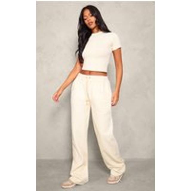 PRETTYLITTLETHING Tall Stone Embroidered Wide Leg Joggers, White - M