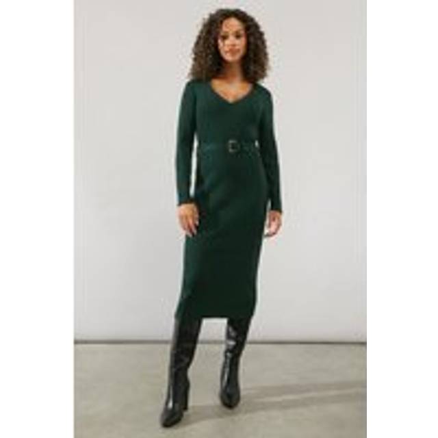 Womens V Neck Belted Knitted Midi Dress - Forest - XL