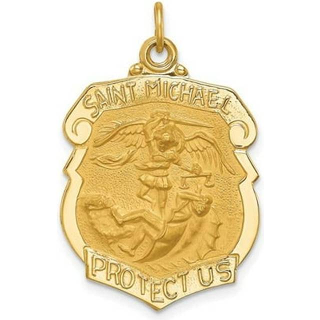 14K Yellow Gold Solid Polished Satin Large St. Michael Badge Medal Pendant