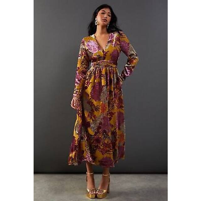 Warehouse Womens Burnout Devore Plunge Neck Waisted Midi Dress - Yellow - Size 8 UK