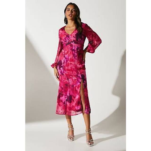Blouson Pleat Waist Burnout Midi Dress - Pink - 10