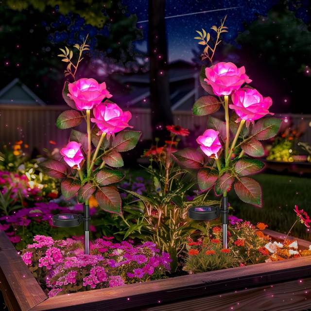 Solar Flower Light, Garden Outdoor Decoration 2 Pcs Set, Waterproof Pink Graveyard Rose