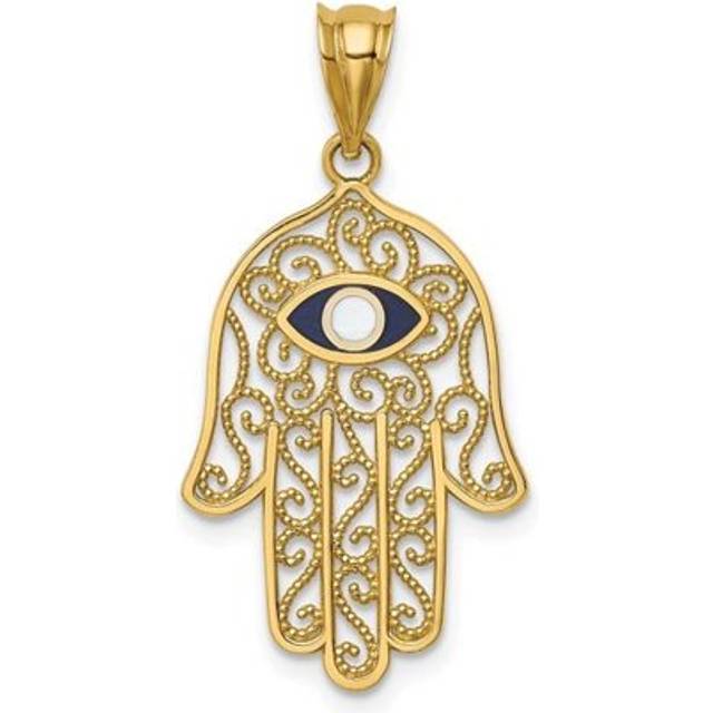 14K Yellow Gold Polished & Enameled Hamsa Pendant