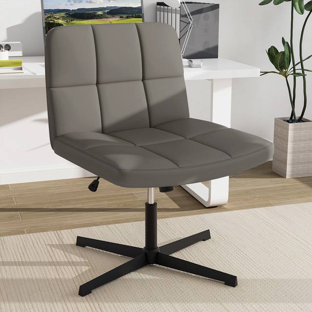 PU Leather Upholstered Armless Cross Legged Office Desk Chair No Wheels-Grey