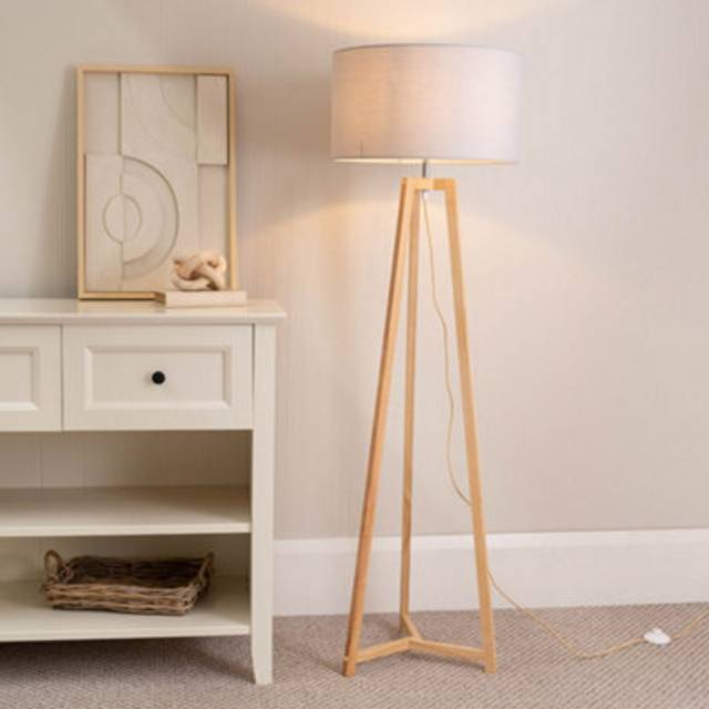 Lottie Natural Wood Tripod Floor Lamp with Fabric Drum Shade - Grey - One Size
