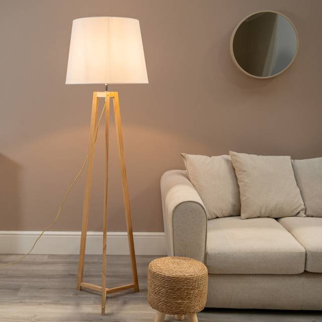 ValueLights Lottie White Fabric Tapered Shade Natural Wood Tripod LED Floor Lamp - Cream - 158 x 45 x 45cm