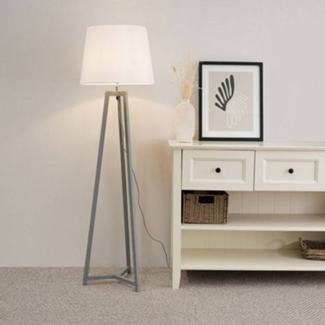 Valuelights Lottie Grey Wood Tripod Floor Lamp With Fabric Tapered Shade And Led Bulb In White - One Size