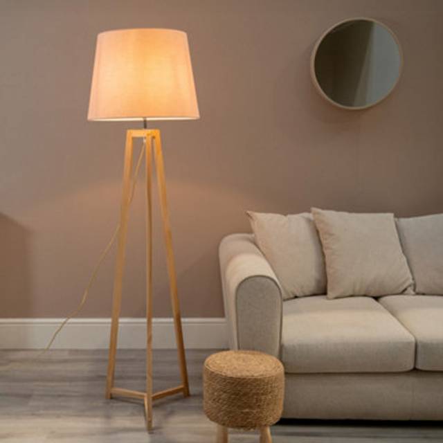 Lottie Natural Wood Tripod Floor Lamp with Fabric Tapered Shade - Pink - One Size