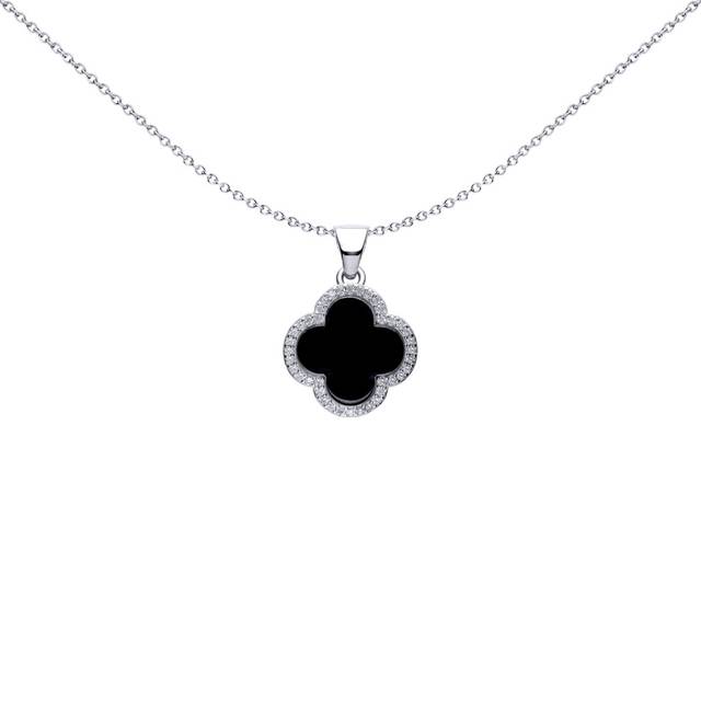 Jewelco London Rhodium Silver Black Clover Onyx & CZ Halo Lucky Charm Charm Pendant - APD233
