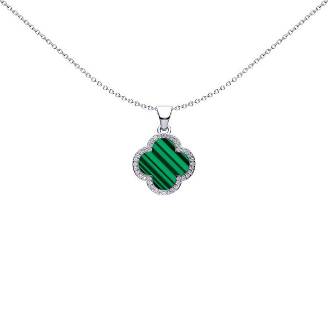Jewelco London Rhodium Silver Green Clover Malachite & CZ Halo Lucky Charm Charm Pendant - APD236