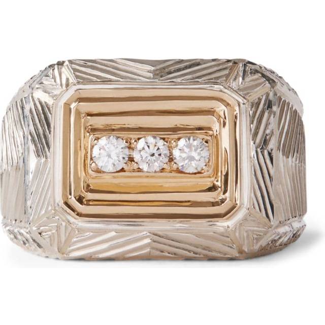 Duffy Jewellery - three-diamond signet ring - unisex - Sterling Silver/White Diamond/9kt Yellow Gold - 56