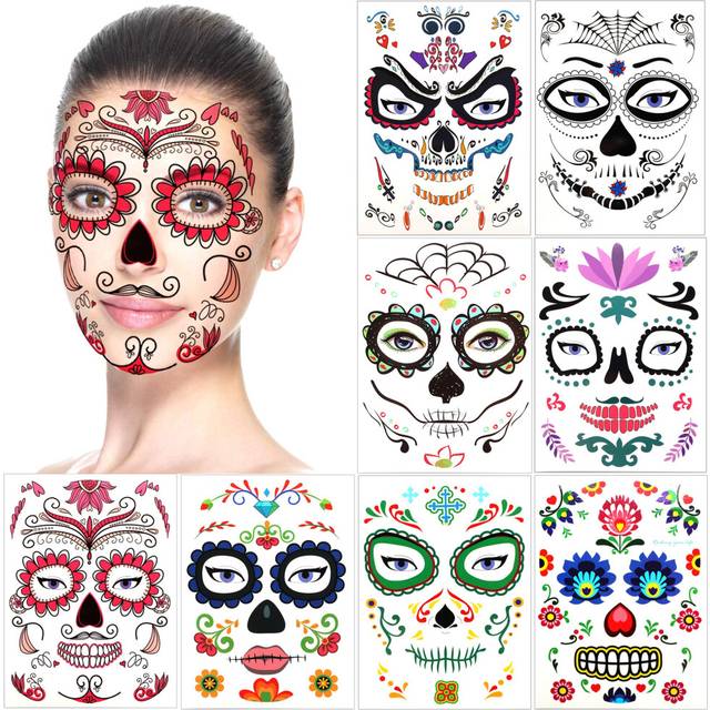 8Pcs Halloween Face Temporary Tattoos,  Day of the Dead Sugar Skull Floral Black Skeleton Web Red Roses Transfers Face Tattoo for Women Men