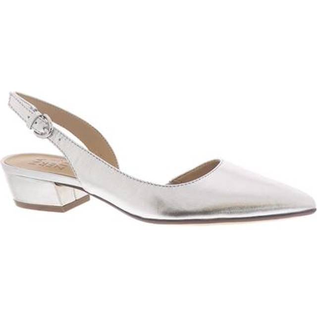Naturalizer Banks Pointed Toe Flat Shoes, Silver Leather, 10.0M Toe, Block Heels, Slingback Strap