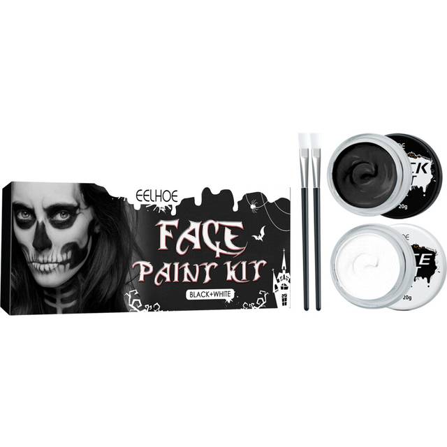 (White*1+Black*1+Brush*2/box) Halloween Black and White Body Painting Body Painting Vampire Zombie Skull Face Makeup Paint