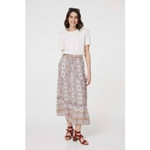 Izabel London Multi Beige Printed Drawstring Waist Maxi Skirt - Beige Multi