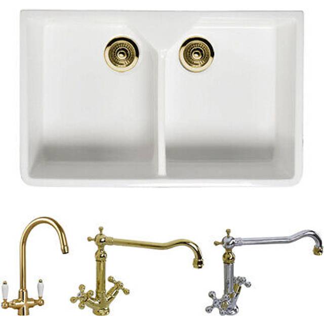 Astini belfast 800 2.0 bowl white ceramic kitchen sink & gold waste