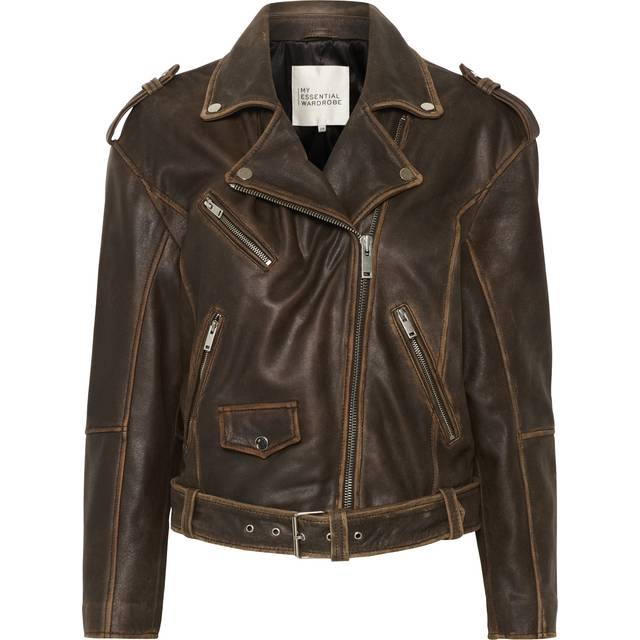 My Essential Wardrobe, Jacka, Dam, XS, Läder, Brun Retro Tvätt Läder Bikerjacka