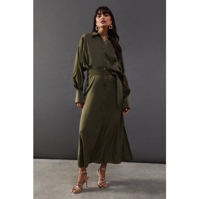 Womens Satin Batwing Split Side Midi Shirt Dress - Green - 8