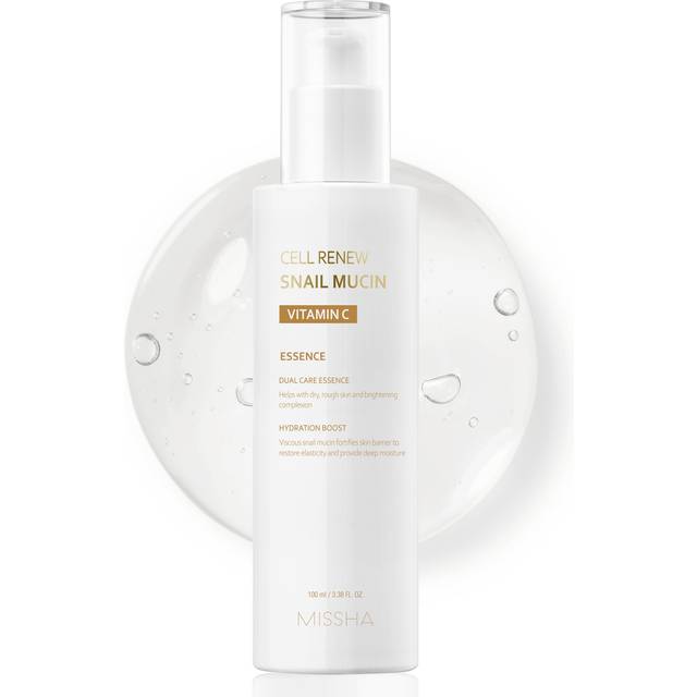 MISSHA Cell Renew Snail Mucin Vitamin C Essence Serum 3.38 Fl oz - Hydrating Korean Skincare for Glass Skin  Snail Mucin Serum for Improved Skin