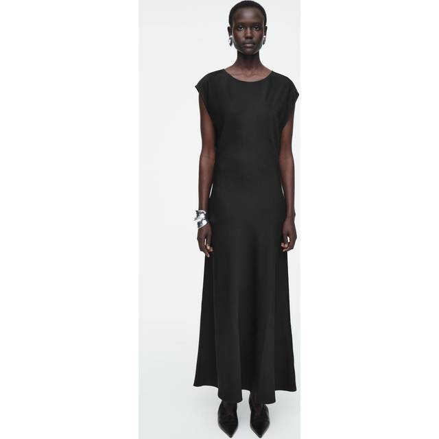 Ruched Bias-Cut Satin Dress - Black - 32