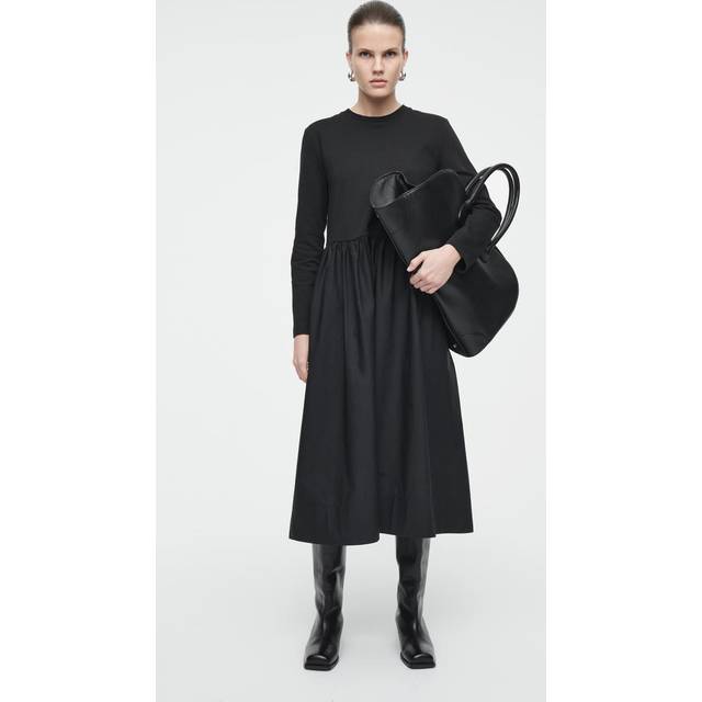 Contrast-Panel Long-Sleeved Midi Dress - Black