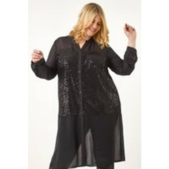 Roman Curve Black Sequin V-Neck Chiffon Blouse - Size 22-24