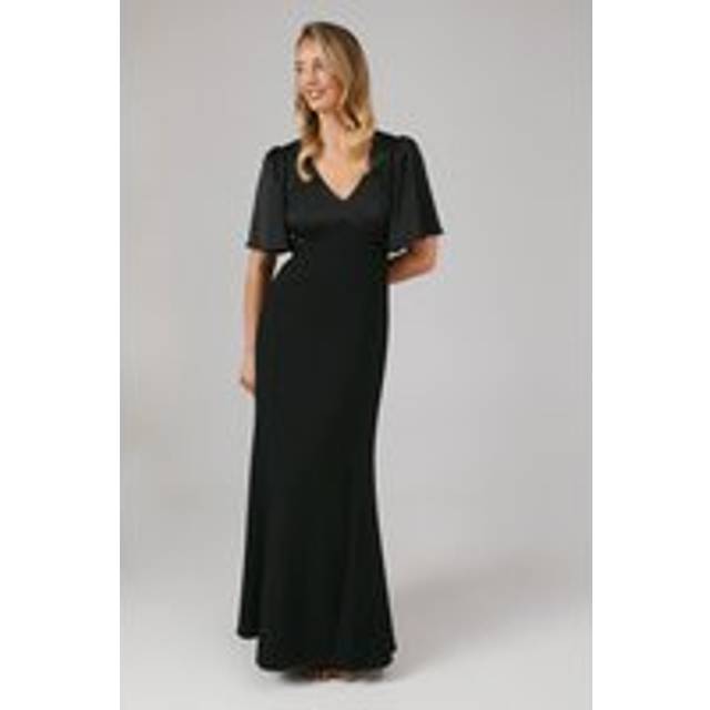 Contrast Satin Angel Sleeve Open Back Bridesmaid Dress - Black - 8